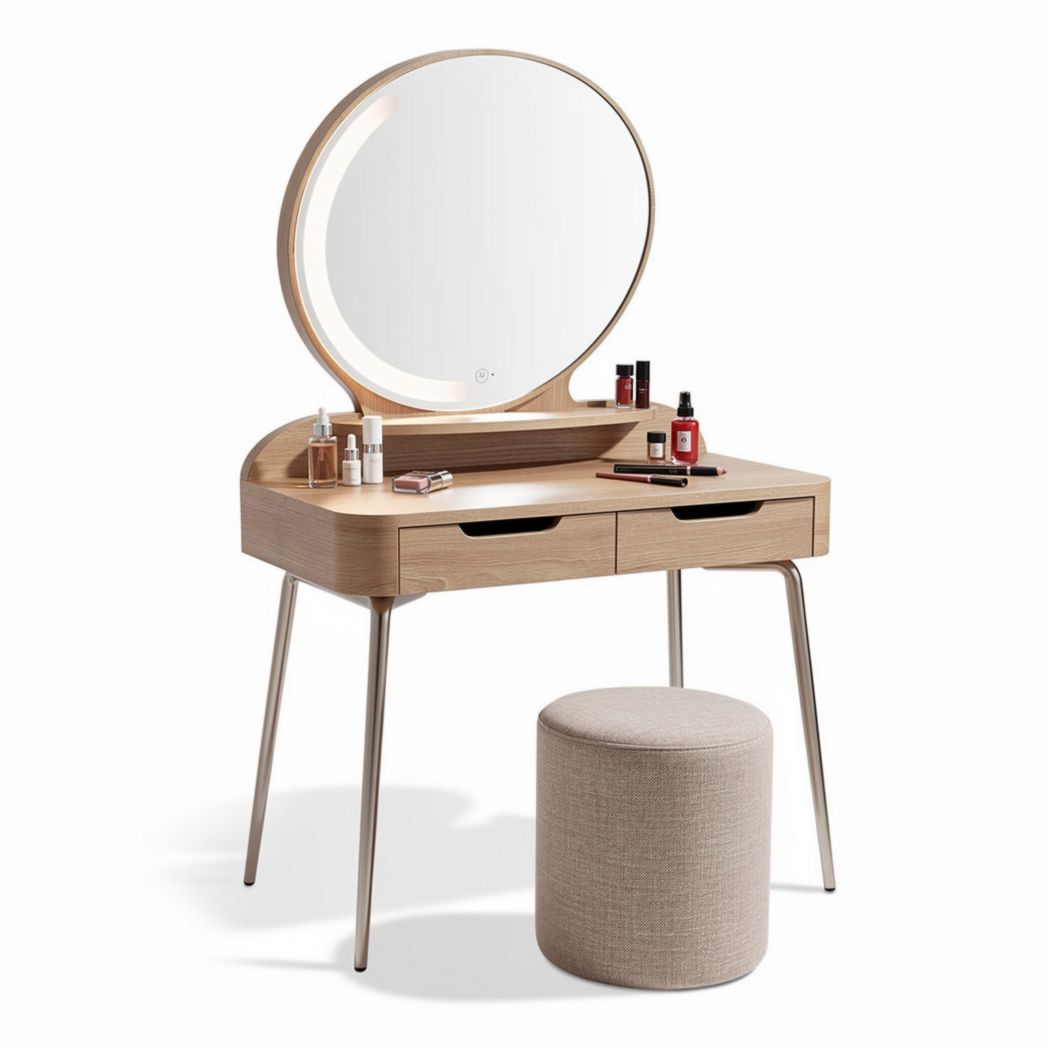 Vanity table with round mirror and cushioned stool in wood and fabric 80 x 40 x 135cm