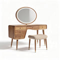 Oak wood vanity set with oval mirror and upholstered stool in natural finish
