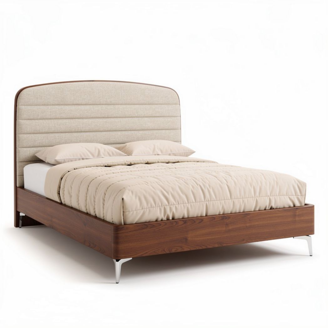 Upholstered bed frame with wooden base and headboard in beige 200 x 160 x 100cm