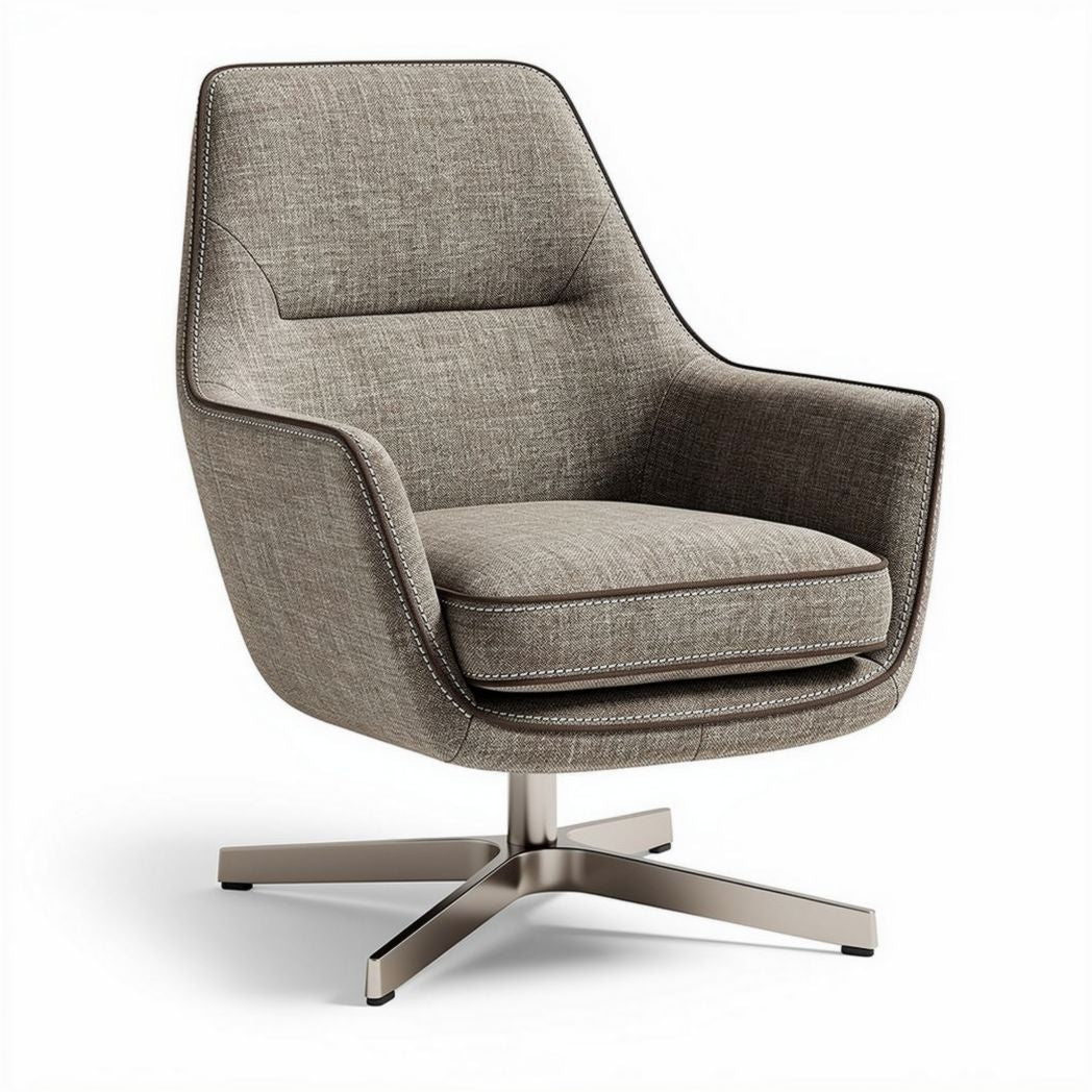 Swivel accent chair in gray fabric with brushed metal base 80 x 70 x 90cm