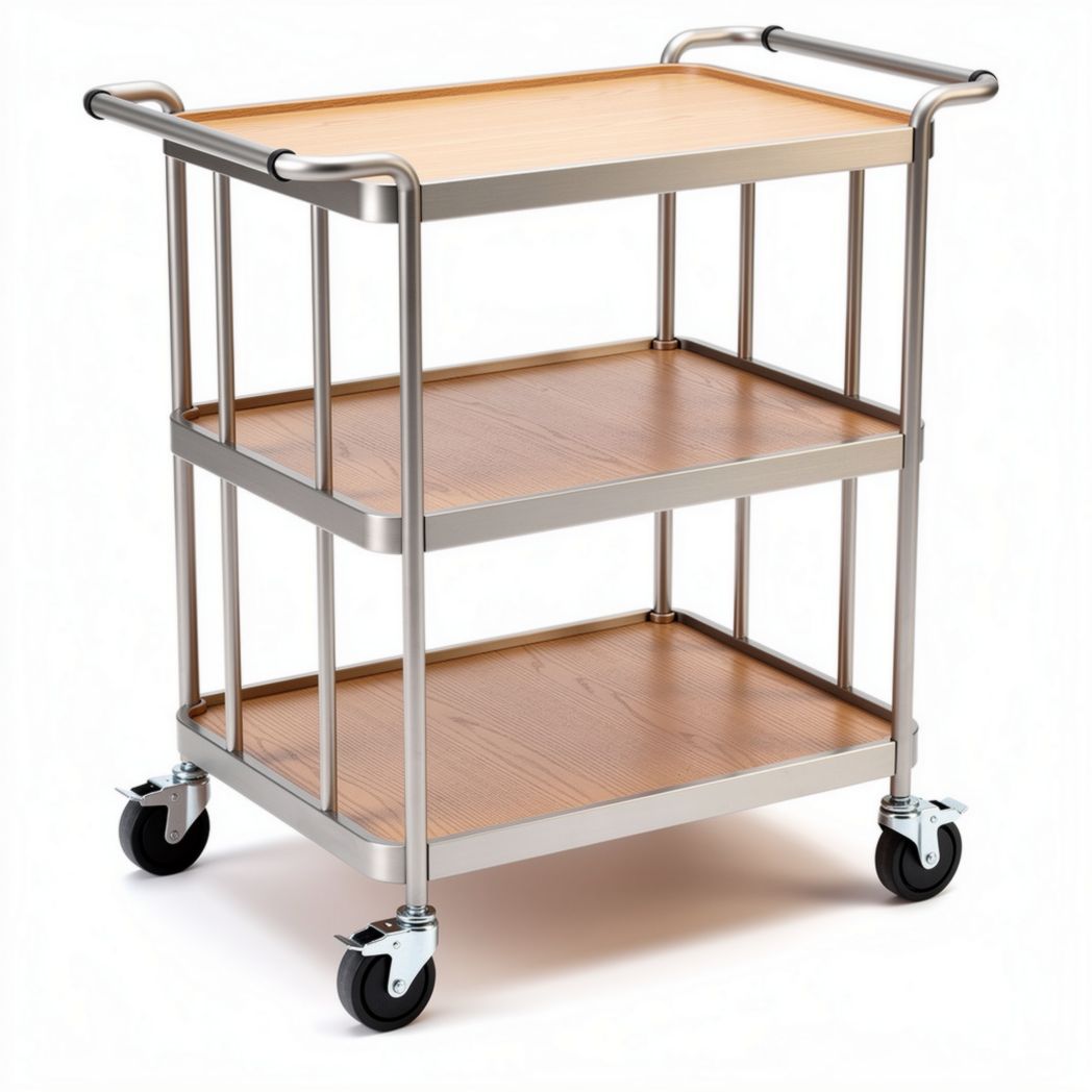 Wooden top serving cart with stainless steel frame and wheels 80 x 45 x 90cm