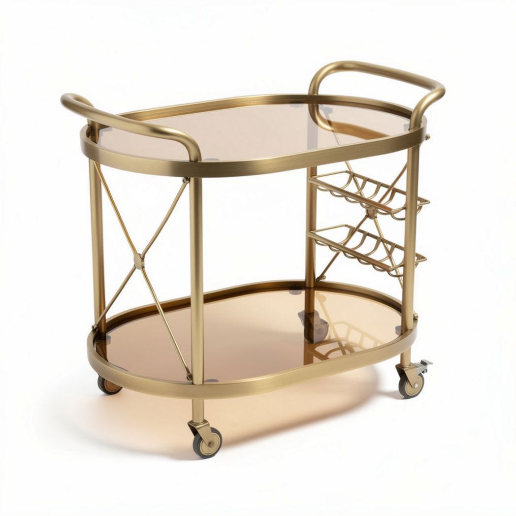 Gold metal serving cart with glass top and wine rack 70 x 45 x 80cm