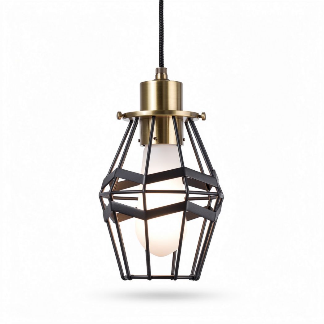 Industrial style pendant light with metal cage and white bulb 20 x 20 x 30cm