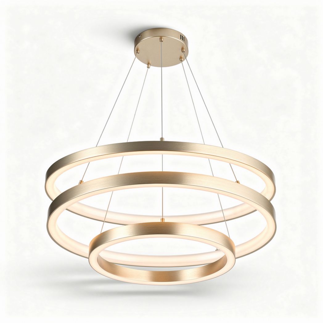 Modern three-ring pendant light fixture with metal finish and adjustable height
