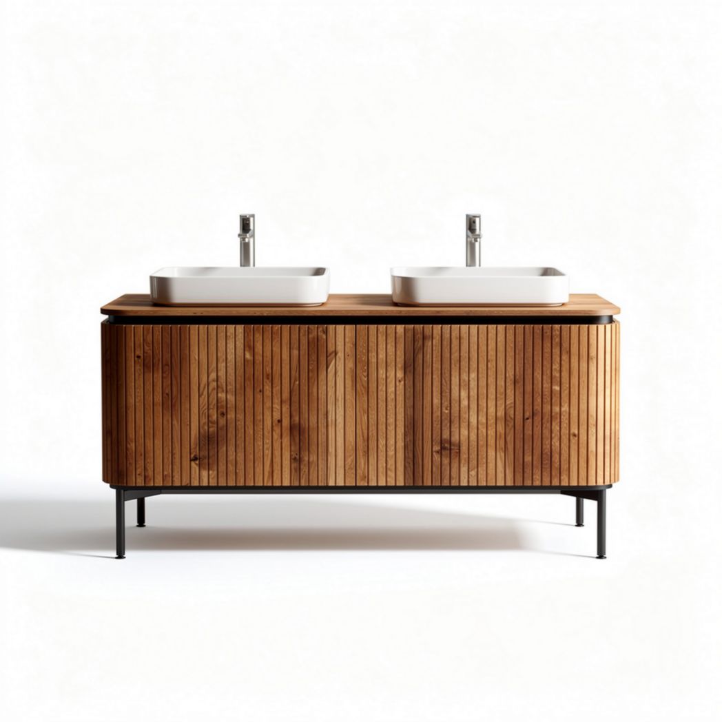 Double sink vanity cabinet with wooden finish and metal frame 120 x 50 x 85cm