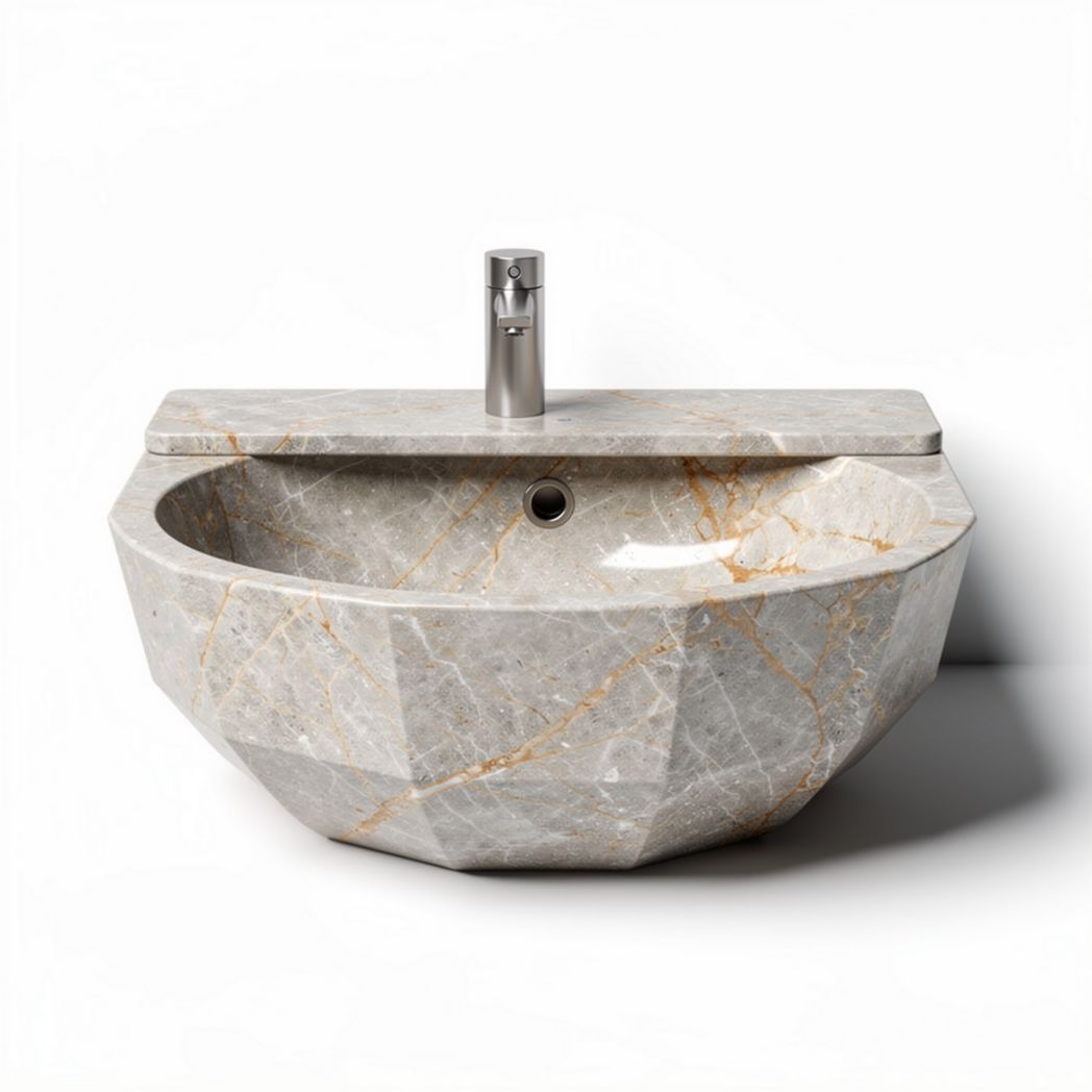 Marble vessel sink with modern geometric design for bathroom use 60 x 30 x 20cm