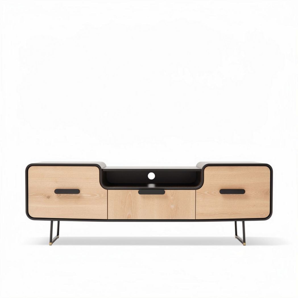 Modern TV stand with oak finish and metal legs 150 x 40 x 50cm